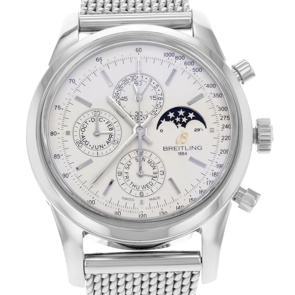 Up Close Front Facing Picture Of Breitling A1931012/G750-154A Stainless Steel Watch Display Model Condition