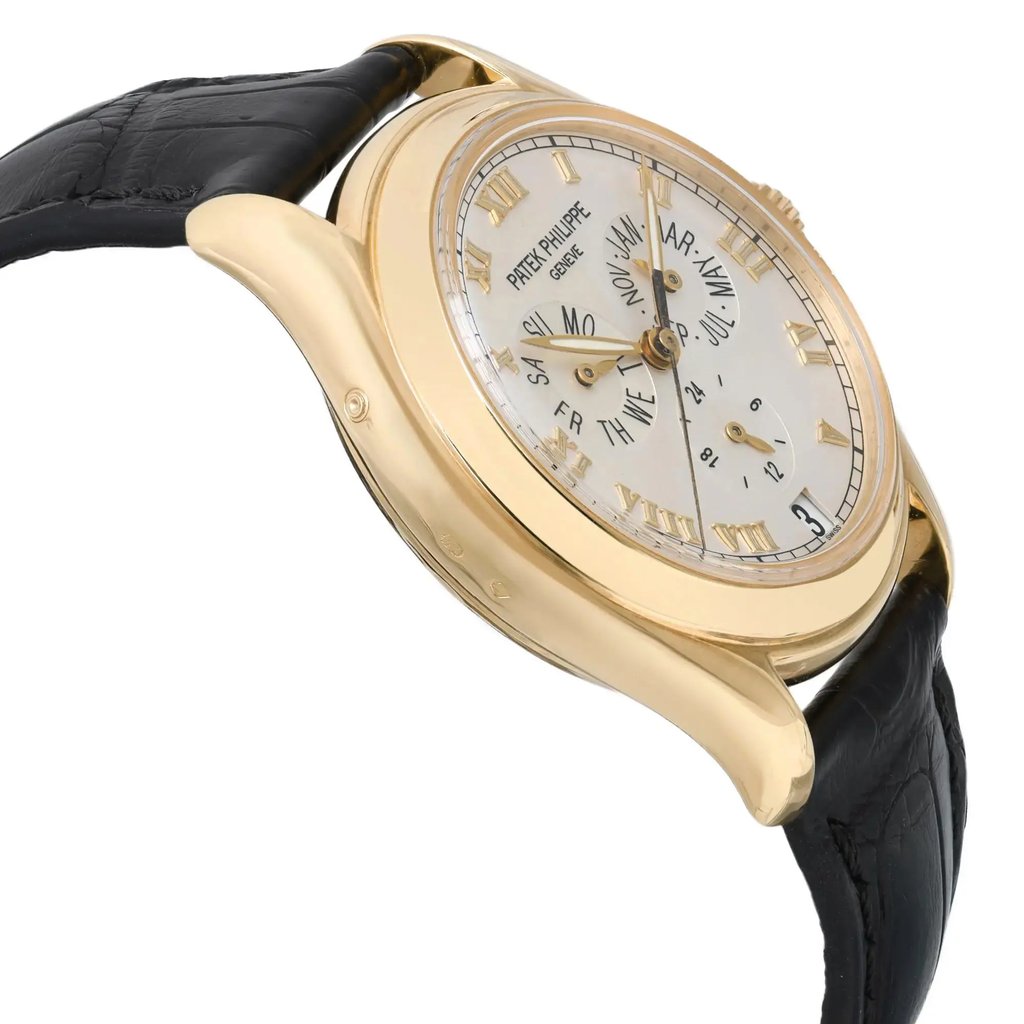 View Of Opposite Crown Facing Side Of Patek Philippe 5035J Yellow Gold Watch Pre Owned Condition