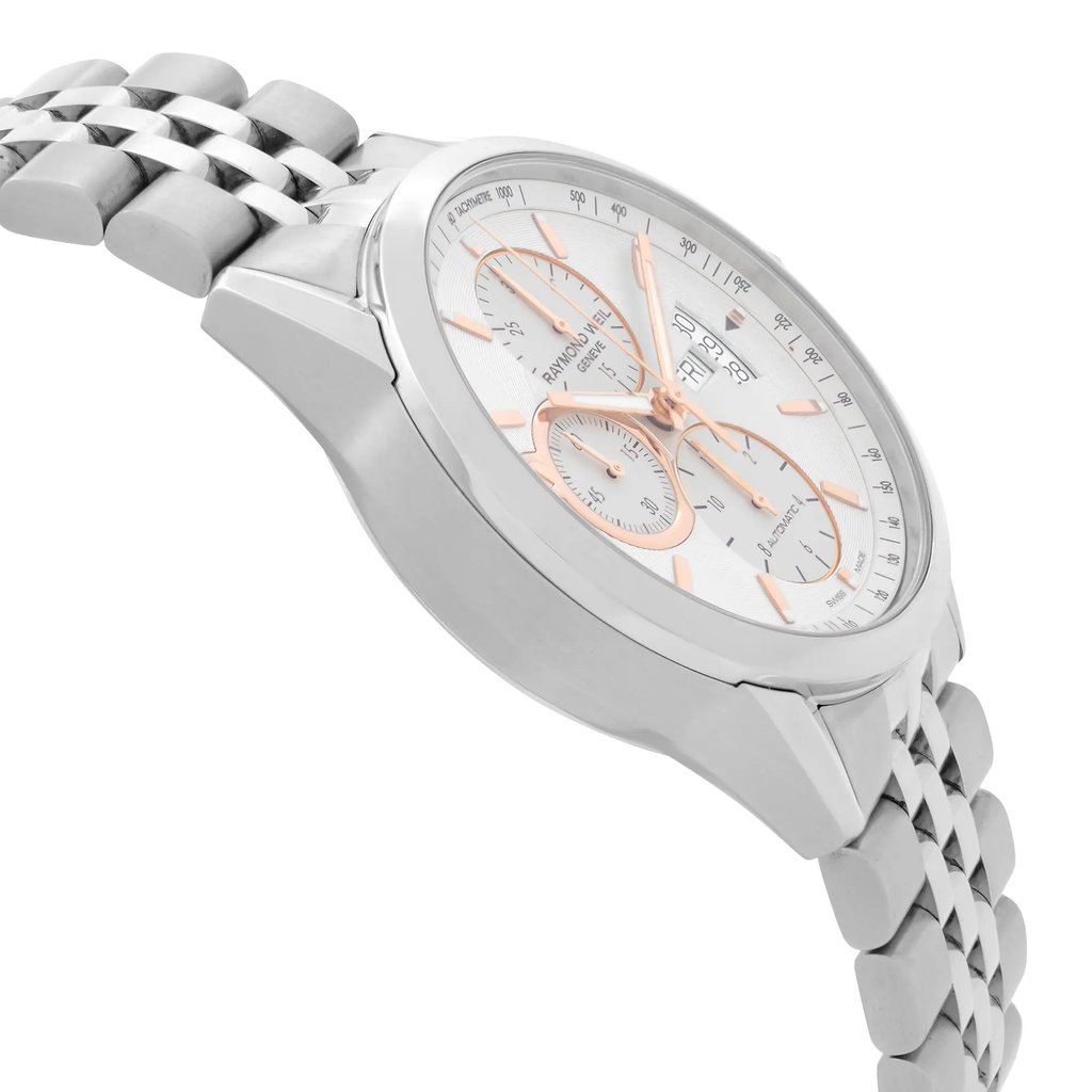 View Of Opposite Crown Facing Side Of RAYMOND WEIL 7730-ST-65025 Stainless Steel Watch New Condition