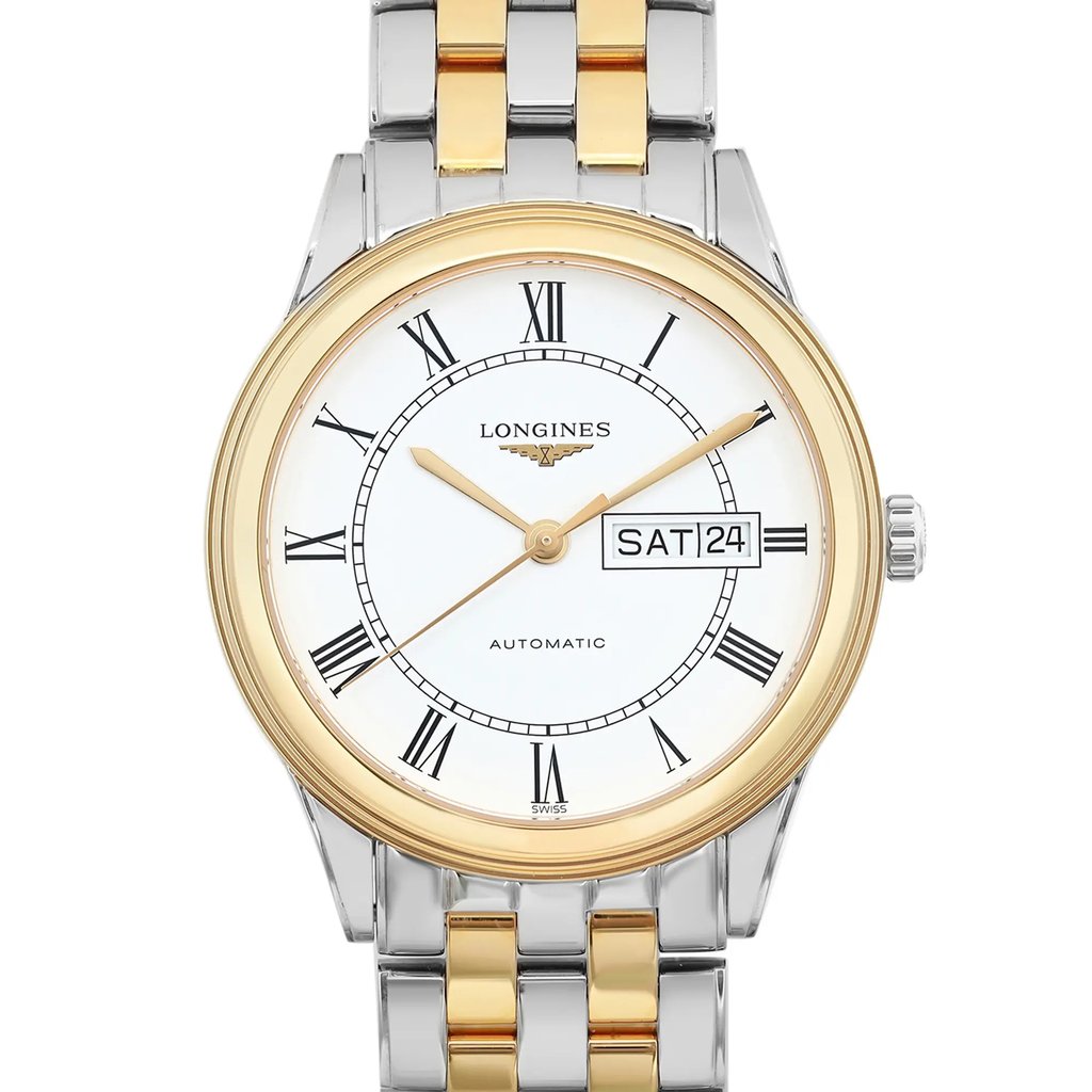 An image of a pre-owned Longines men's wristwatch in good condition, presented in a front close-up view that highlights the watch face. The watch features a round white dial with black Roman numeral indices, a 12-hour dial display, and a day-date function at 3 o'clock. The hands are gold-toned, matching the gold-tone bezel. The stainless steel band combines silver and gold tones, with micro scratches visible on the gold parts. The Longines logo is positioned below the 12 o'clock mark, and the word "AUTOMATIC" is inscribed above the 6 o'clock mark, indicating the watch's movement type.