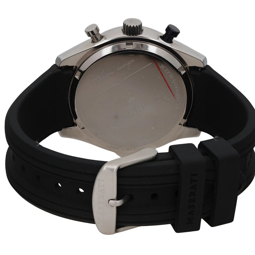 An image of a Wristwatch by Maserati. This Display Model item is designed for Men, featuring a Casual style. It has a Quartz movement and an Analog display with a Blue dial color. The indices include 12-Hour Dial,Baton Indexes. The band is made of Silicone and the case is made of Stainless Steel. The watch has a Round shape with a case size of 43 mm and a case thickness of 12 mm.