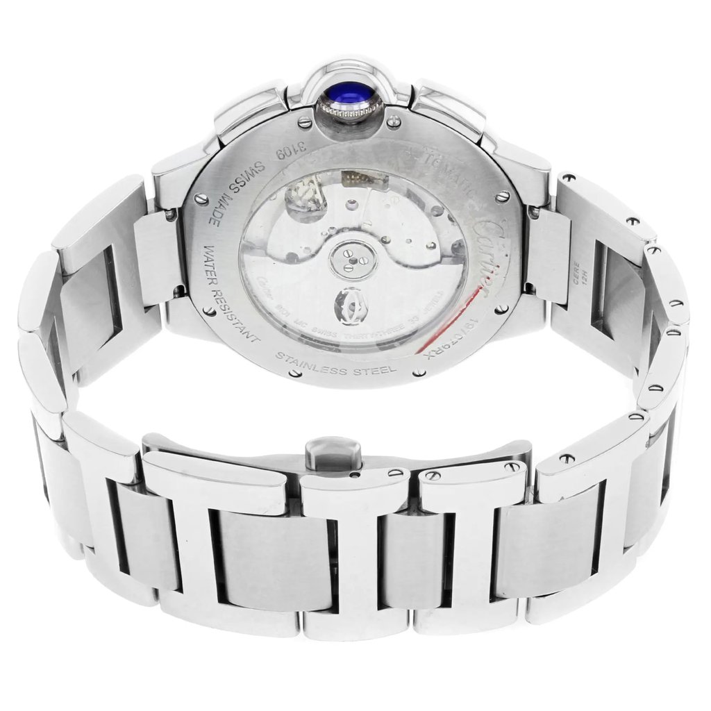 Back View Of {Caseback} Back Case And Closed Stainless Steel Band Of Cartier W6920025 Watch Unworn Condition