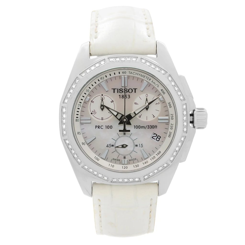 An image of a Wristwatch by Tissot. This Pre Owned item is designed for Women, featuring a Dress/Formal style. It has a Quartz movement and an Analog display with a Multicolor dial color. The indices include 12-Hour Dial,Multi Dial,Stick Indexes. The band is made of Leather and the case is made of Stainless Steel. The watch has a Round shape with a case size of 34.5 mm and a case thickness of 11 mm.