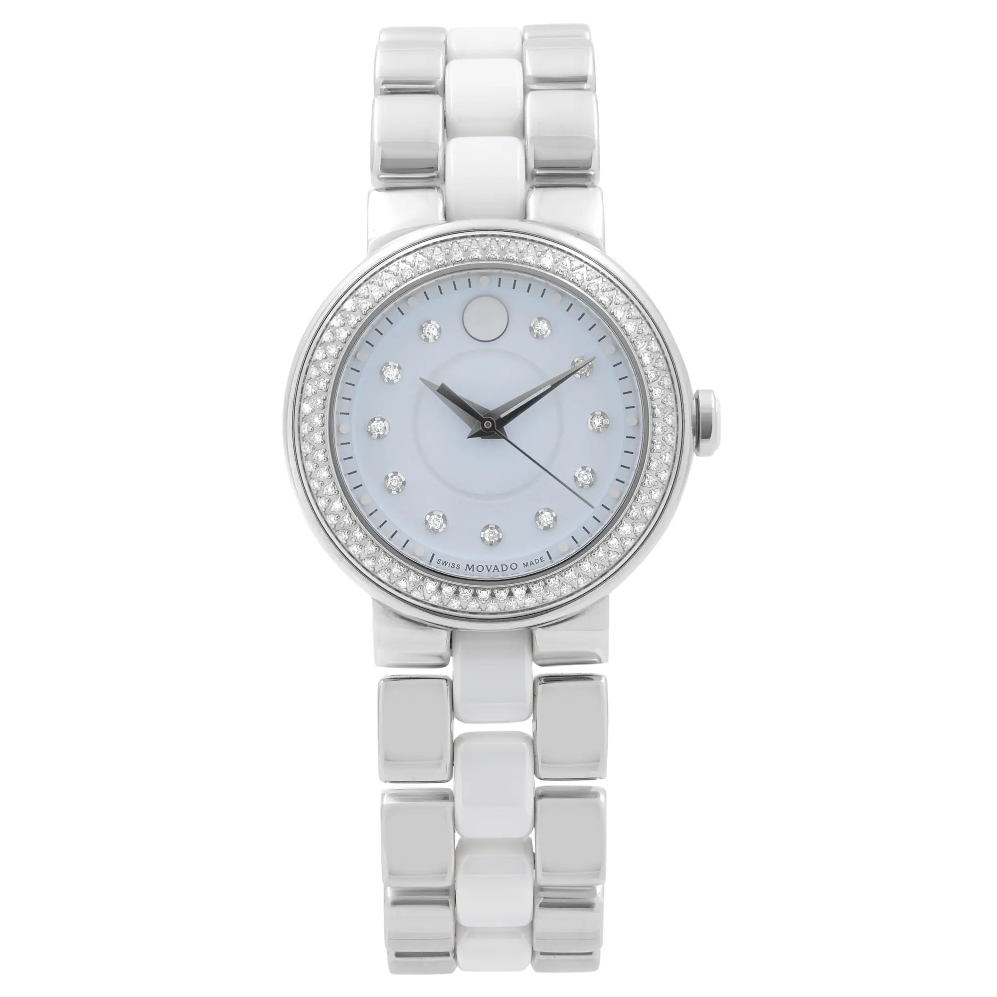 An image of a Wristwatch by Movado. This Pre Owned item is designed for Women, featuring a Dress/Formal style. It has a Quartz movement and an Analog display with a Blue dial color. The indices include 12-Hour Dial,Non-Numeric Hour Marks. The band is made of Ceramic,Stainless Steel and the case is made of Stainless Steel. The watch has a Round shape with a case size of 28 mm and a case thickness of 8.5 mm.