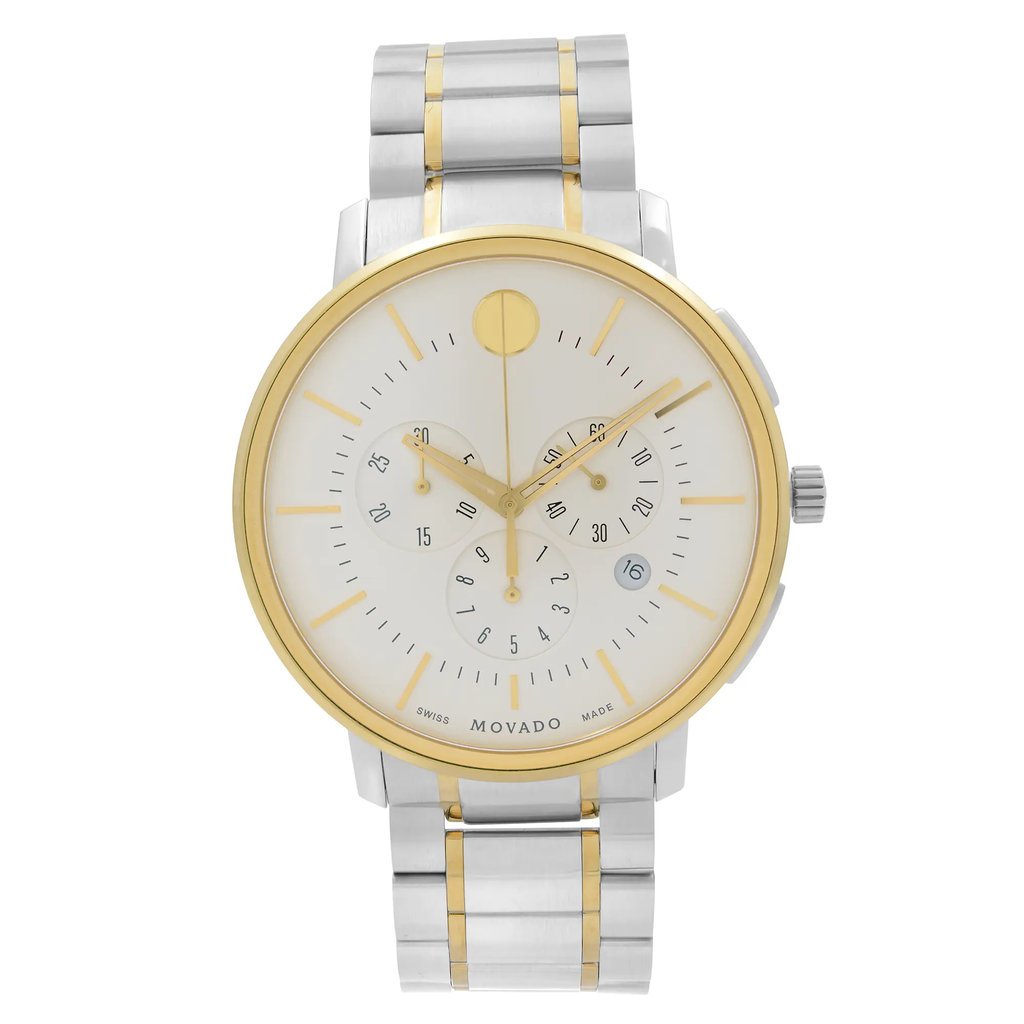 An image of a Wristwatch by Movado. This New With Defects item is designed for Men, featuring a Casual,Dress/Formal style. It has a Quartz movement and an Analog display with a Silver dial color. The indices include 12-Hour Dial,Multi Dial,Non-Numeric Hour Marks. The band is made of Stainless Steel and the case is made of Stainless Steel. The watch has a Round shape with a case size of 42 mm and a case thickness of 10 mm.