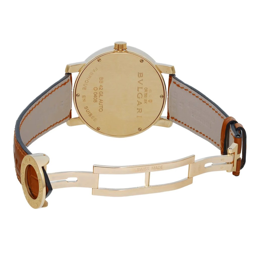 An image of a pre-owned Bvlgari men's wristwatch taken from a slightly elevated angle, showcasing the back of the watch. The gold-toned case is prominently displayed with engraved brand details. The brown leather strap is partially open, with a gold clasp labeled "Swiss Made" visible. The watch is positioned on a plain white background, emphasizing its luxurious design.