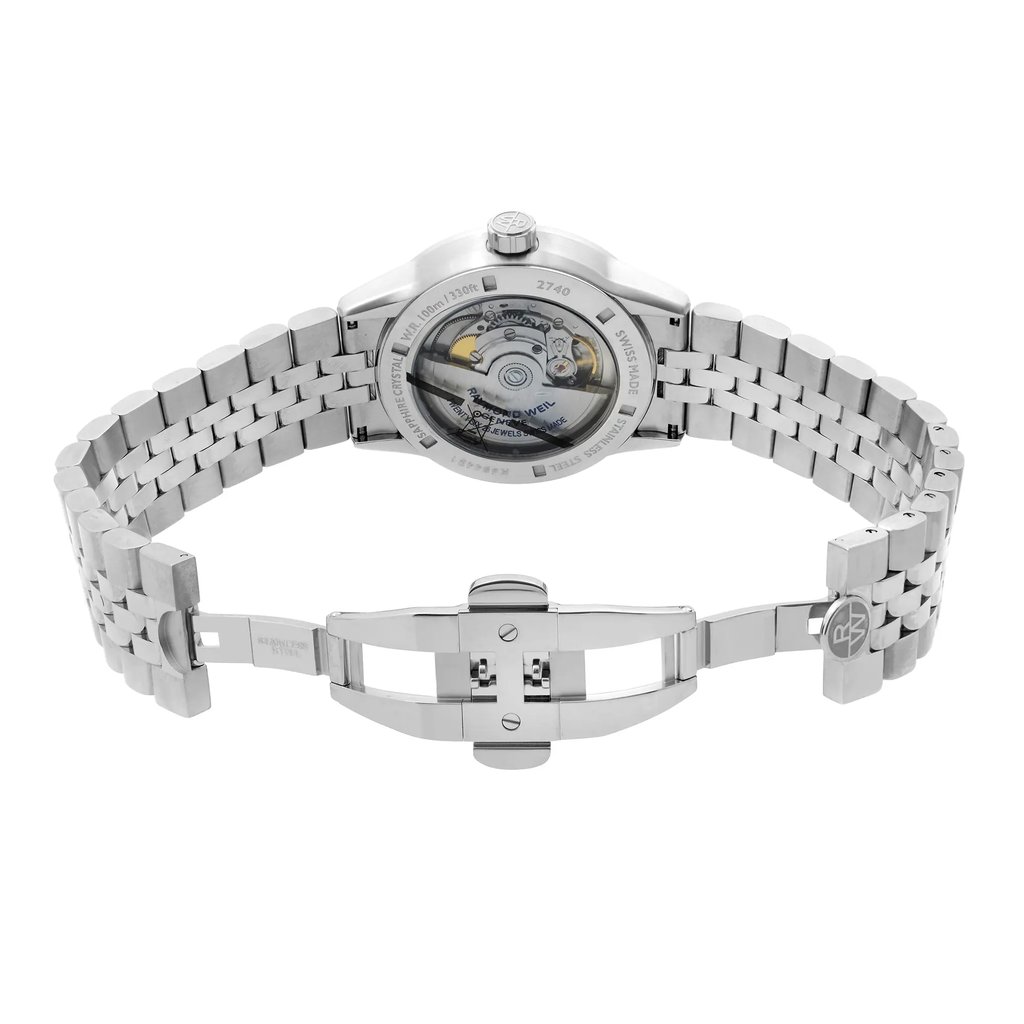 Back View Of Exhibition Back Case And Open Stainless Steel Band Of RAYMOND WEIL 2740-ST-50021 Watch Unworn Condition