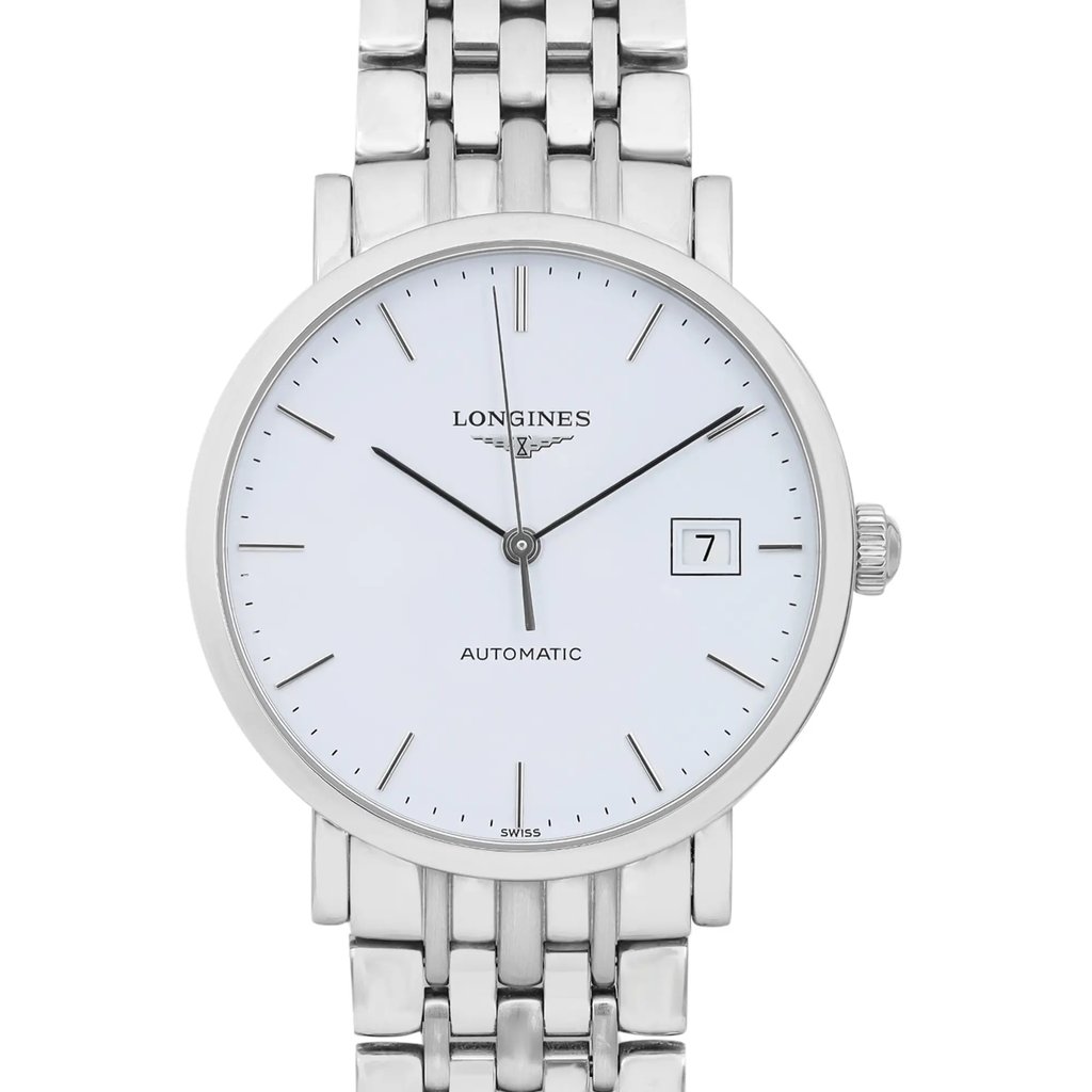 An image of a pre-owned wristwatch captured in a front close-up shot. The watch features a simple, elegant design with a white dial and slim black hour markers. A date window is positioned on the right side. The watch has a silver metal bracelet, and the brand name is visible on the dial.