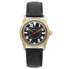 An image of a pre-owned women's Vintage Rolex Oyster Commander Steel Black Dial Ladies Watch 3478, positioned upright and centered at eye level. The watch features a black dial with bold white numerals and a red second hand. It has a gold-tone casing and a textured black leather strap. The view is straight-on, capturing the watch face and strap detail from a close distance.
