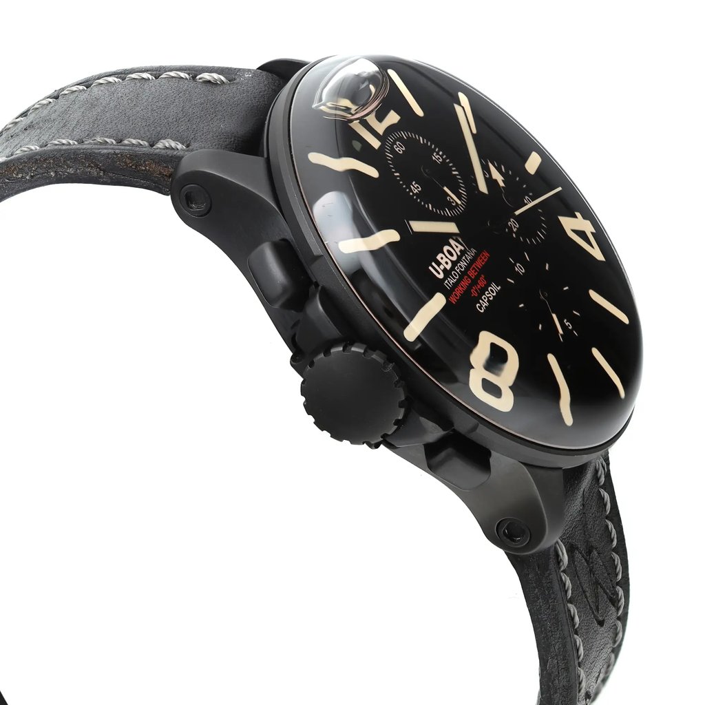 An image of a Wristwatch by U-Boat. This Pre Owned item is designed for Men, featuring a Casual style. It has a Quartz movement and an Analog display with a Black dial color. The indices include 12-Hour Dial,Arabic Numerals,Stick Indexes. The band is made of Leather and the case is made of Stainless Steel. The watch has a Round shape with a case size of 45 mm and a case thickness of 17 mm.