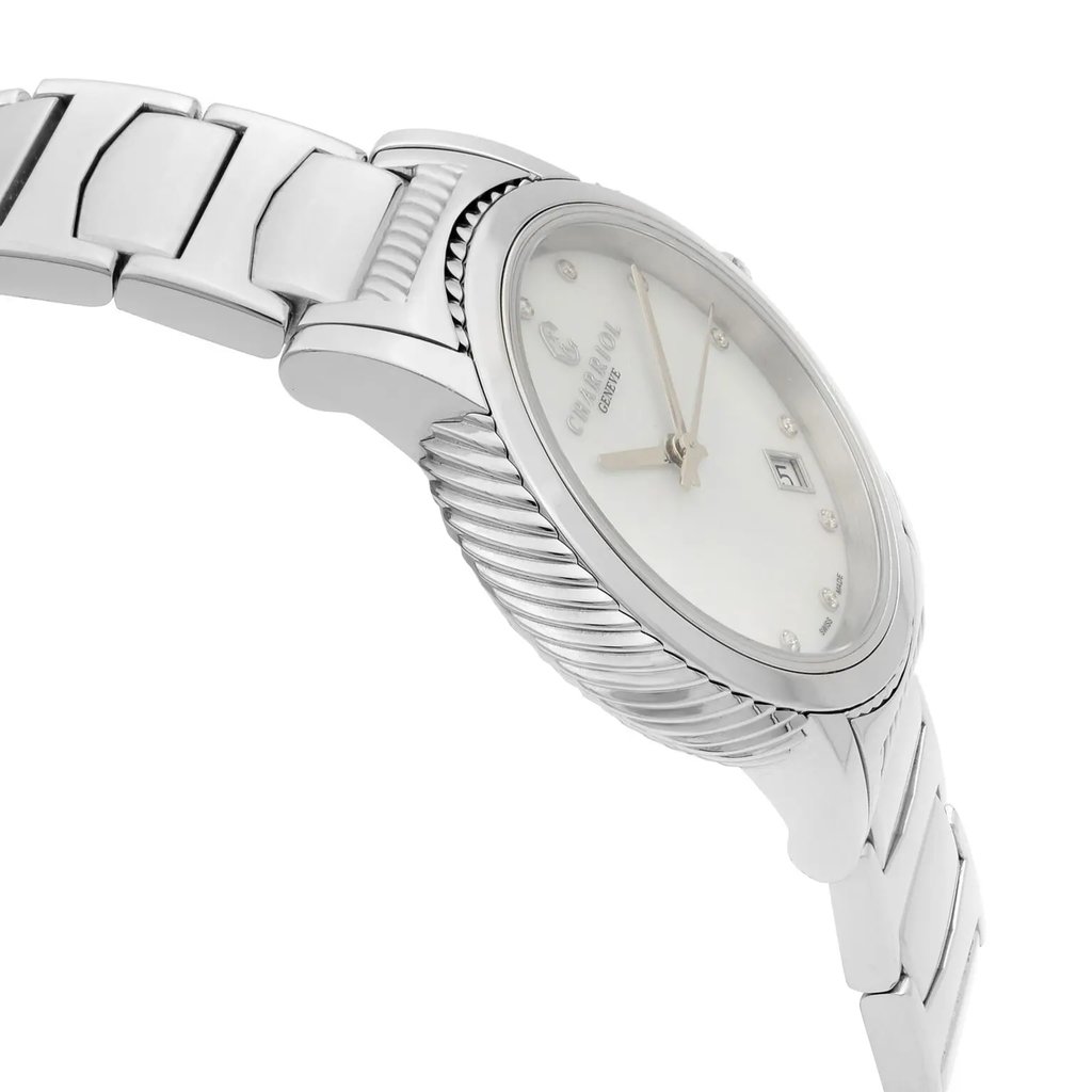 An image of a wristwatch shown from a side profile view, opposite the crown. The watch is unworn and features a polished metal band and a textured bezel. The dial is visible at an angle, displaying simple hour markers and a date window. The perspective highlights the sleek design and craftsmanship of the timepiece.