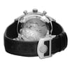 An image of a pre-owned IWC men's wristwatch viewed from the back. The stainless steel screwback case is shown at an angle, highlighting the engraved detail on the caseback. The watch has a round shape and is fitted with a black leather band, which is partially looped and secured with a deployant clasp visible on the right. The watch is positioned against a white background, with the back of the watch face occupying the central part of the frame and the band extending to the left, giving a clear view of the watch's design and construction.