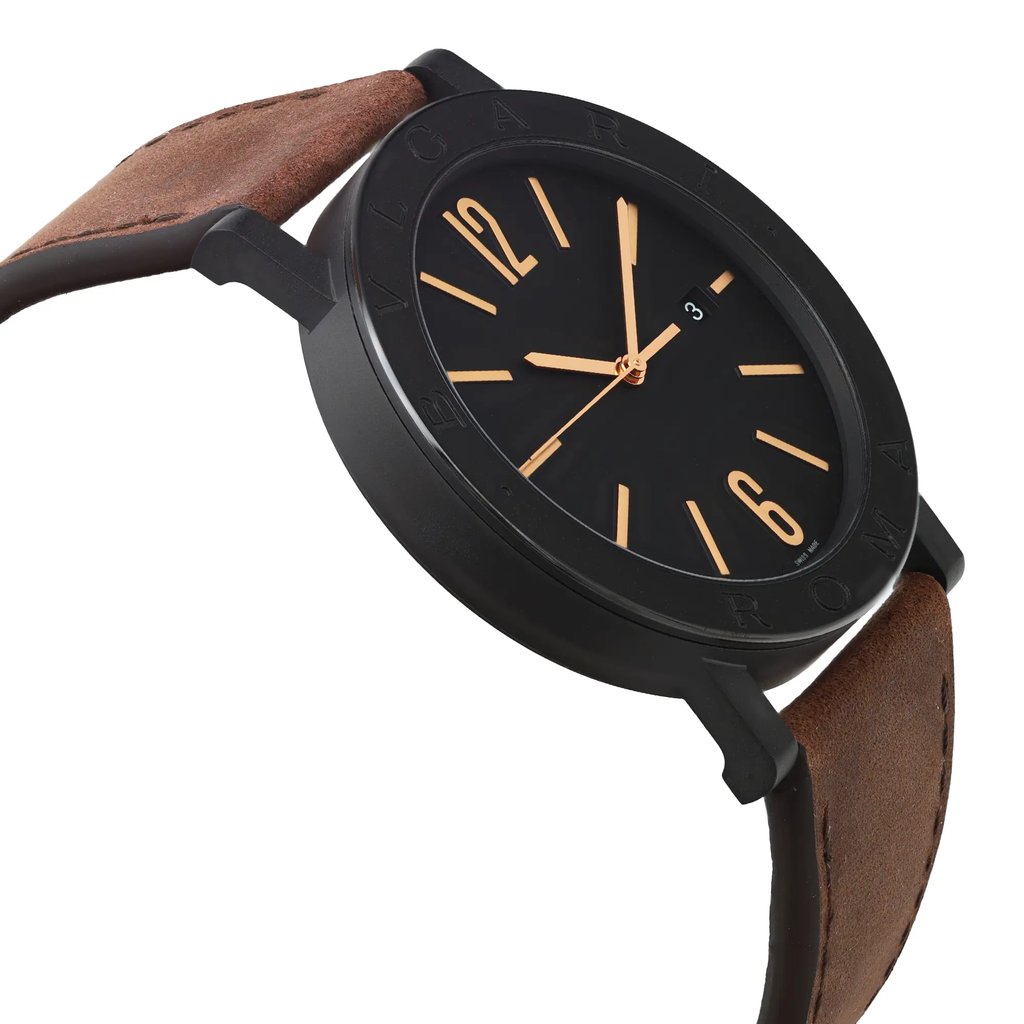An image of an unworn Bvlgari men's wristwatch in a luxury style, featuring a black dial and bezel. The watch is shown in a side profile view from the side opposite the crown, highlighting its round stainless steel case with a black finish. It is equipped with a brown leather band, and the photo is taken from a close distance, focusing on the watch positioned at a slight angle to the left, which allows a clear view of the band as it curves away from the watch case.