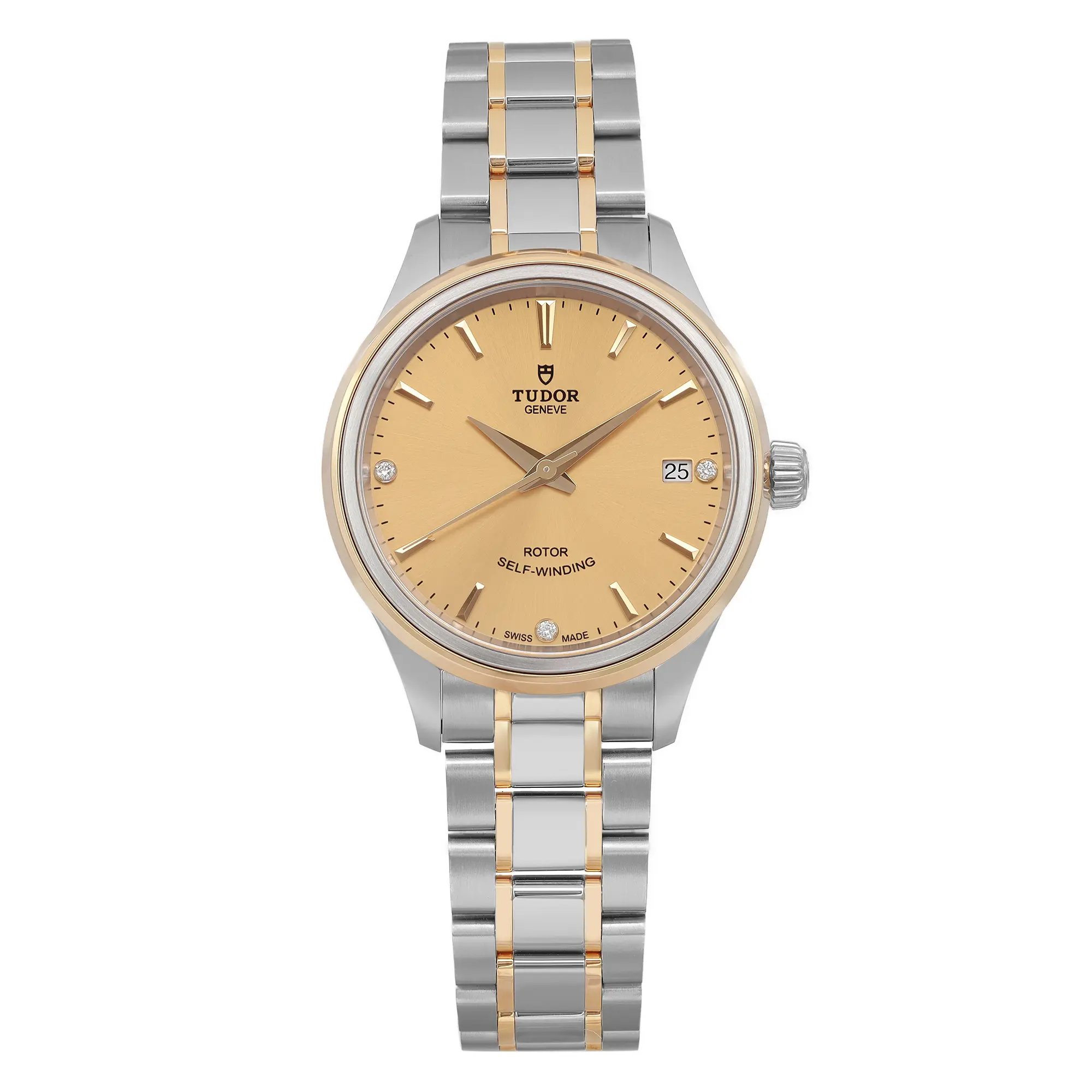 An image of a women's unworn TUDOR Style 34mm wristwatch taken from a front-facing angle at close distance. The watch features a two-tone stainless steel and gold bracelet and a champagne dial with a date indicator located at the 3 o'clock position. The watch hands and hour markers are clearly visible, highlighting the elegant design.