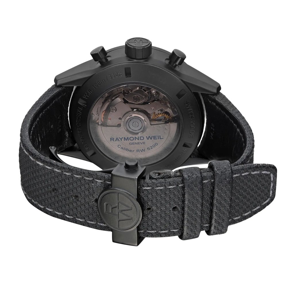 Back View Of Exhibition Back Case And Closed Leather Band Of RAYMOND WEIL 7730-BK-05207 Watch Pre Owned Condition
