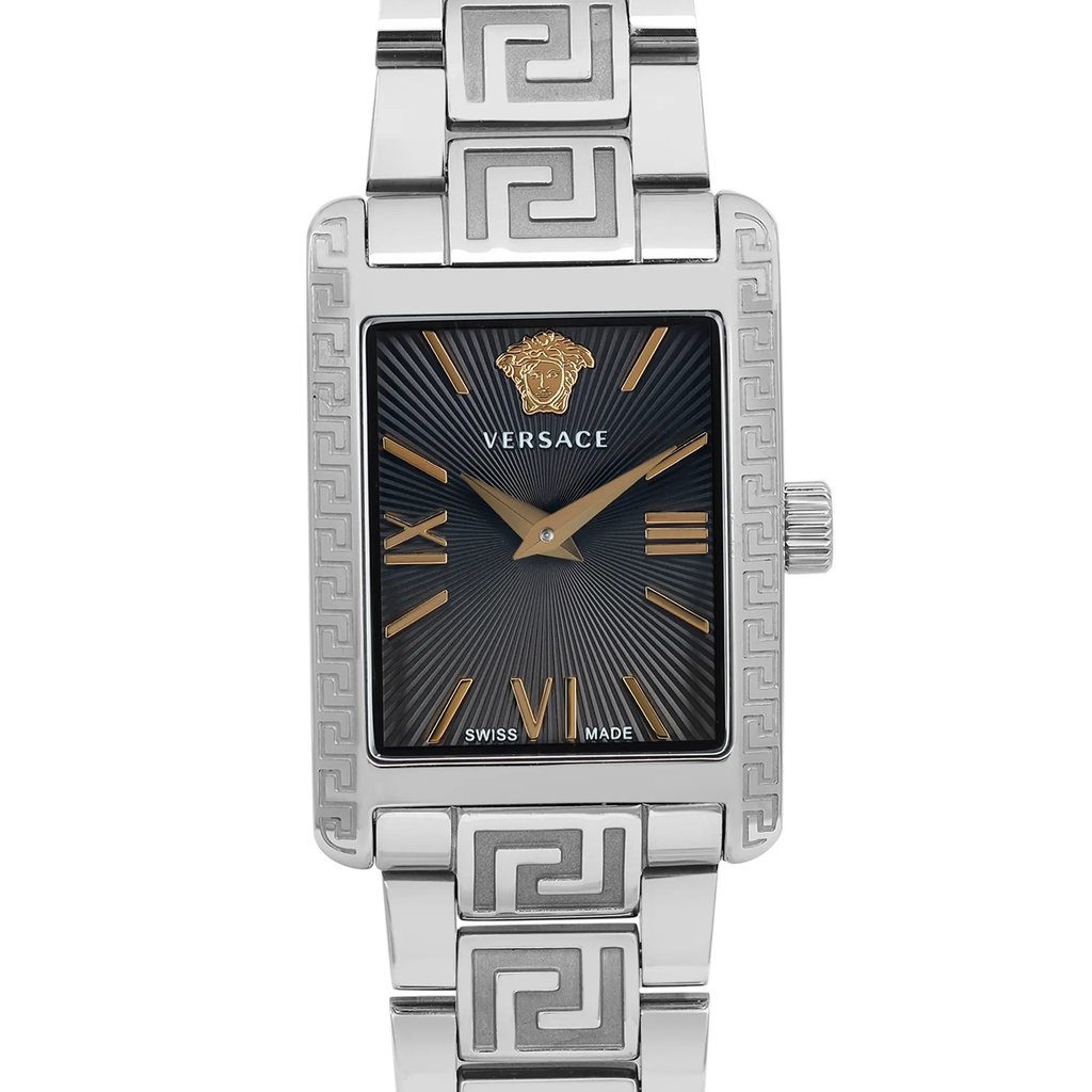 Up Close Front Facing Picture Of Versace VE1C00822 Stainless Steel Watch Display Model Condition