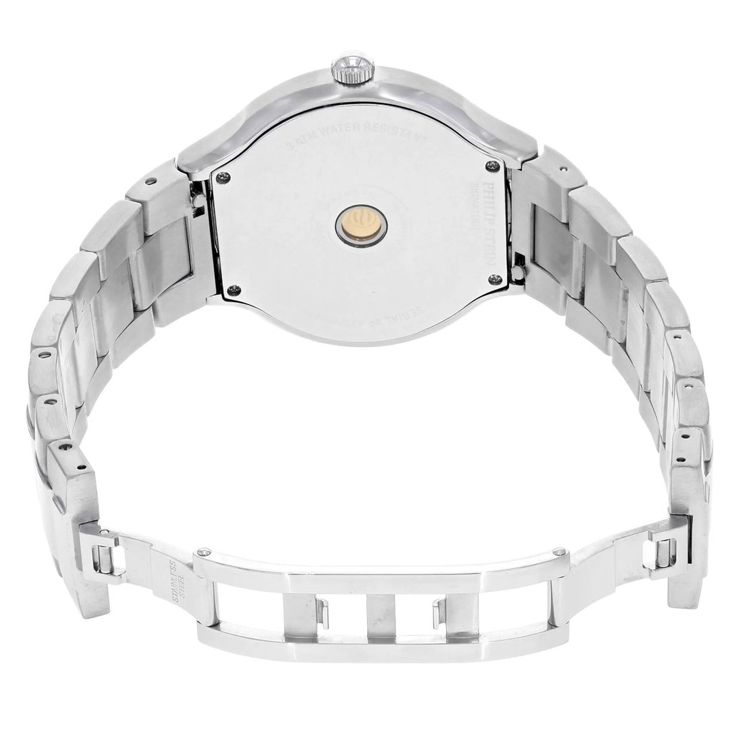 Back View Of Screwback Back Case And Open Stainless Steel Band Of Philip Stein 43-MBW-SS Watch Pre Owned Condition