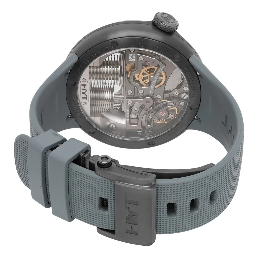 Back View Of Exhibition Back Case And Closed Rubber Band Of HYT 49907 Watch Unworn Condition