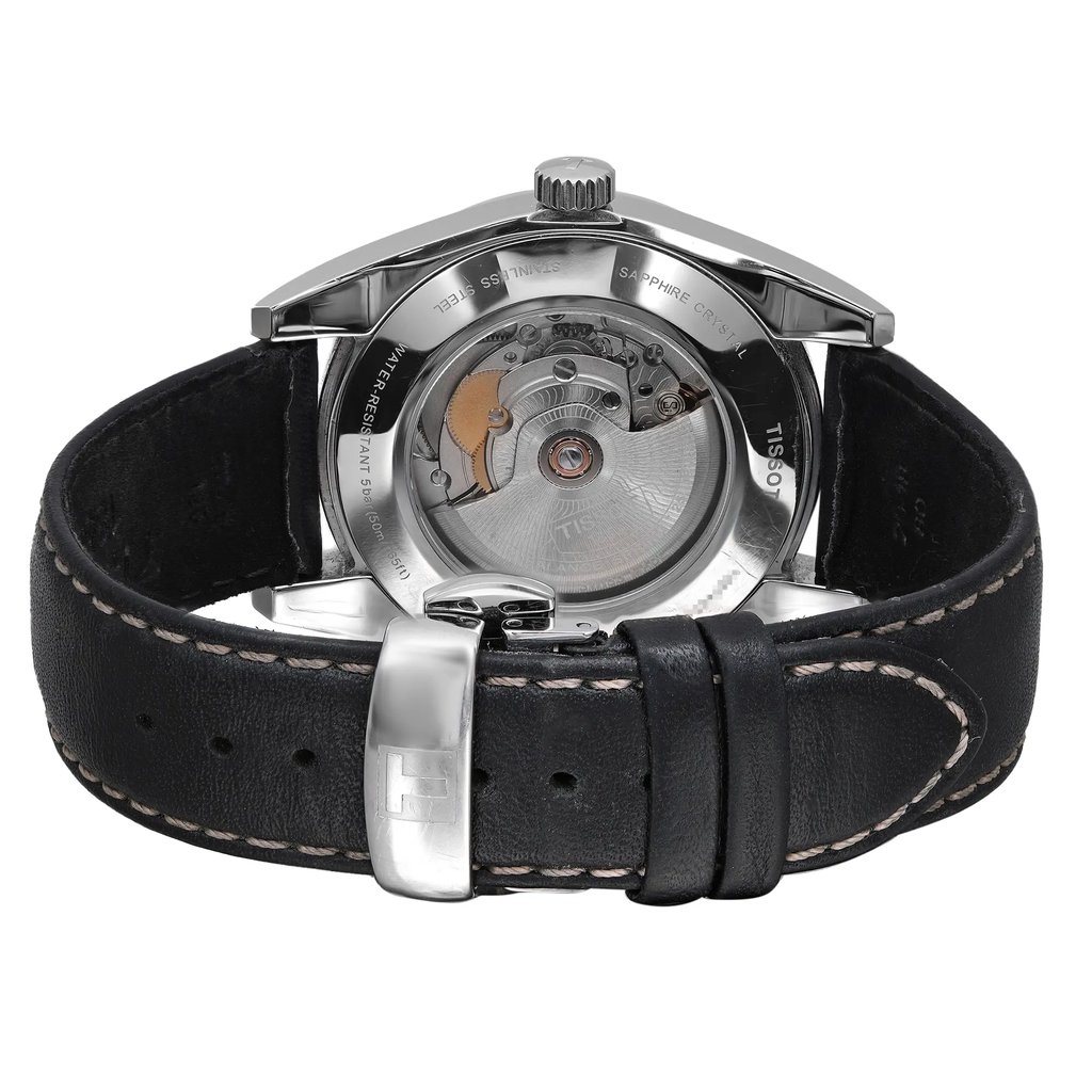 Back View Of Exhibition Back Case And Closed Leather Band Of Tissot T927.407.46.051.00 Watch Pre Owned Condition
