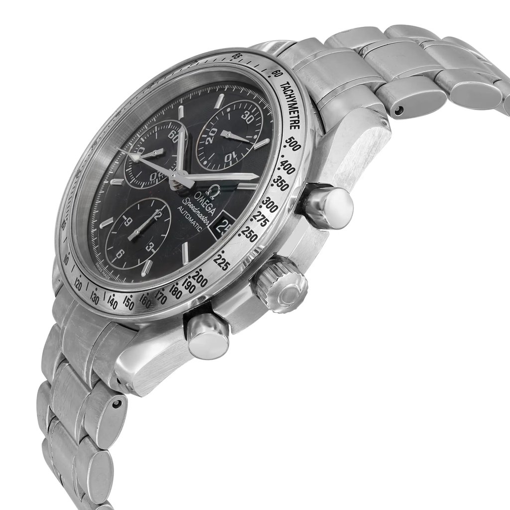 An image of a pre-owned wristwatch captured from a side profile view, showcasing the crown prominently. The watch features a silver metal bracelet and a black dial with three subdials. The bezel displays a tachymetric scale. The angle highlights the details of the crown and pushers on the right side of the case, offering a close-up perspective.