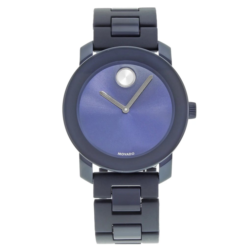 An image of a Wristwatch by Movado. This Pre Owned item is designed for Men, featuring a Casual style. It has a Quartz movement and an Analog display with a Blue dial color. The indices include Unspecified. The band is made of Plastic and the case is made of Stainless Steel & Plastic. The watch has a Round shape with a case size of 41 mm and a case thickness of 10 mm.