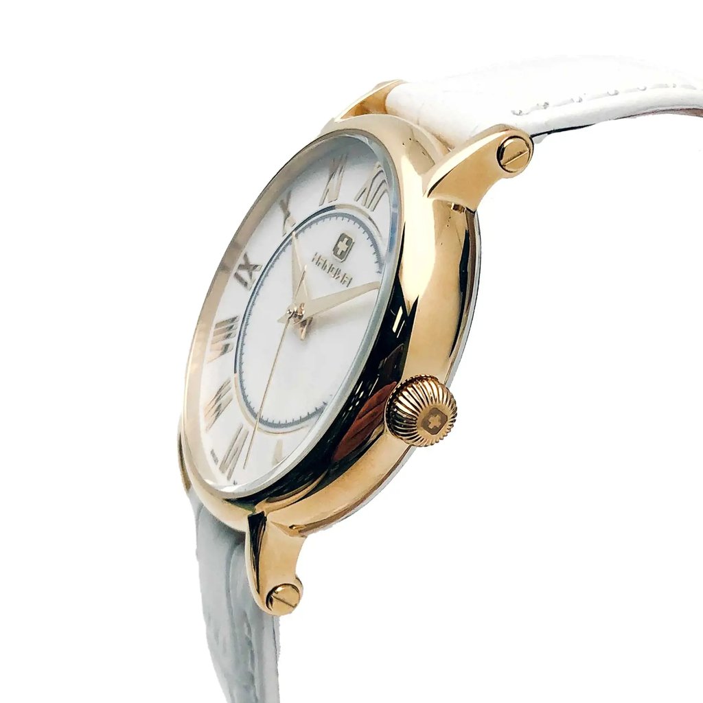 An image of a Wristwatch by Hanowa. This Unworn item is designed for Women, featuring a Casual style. It has a Quartz movement and an Analog display with a White dial color. The indices include 12-Hour Dial,Roman Numerals. The band is made of Leather and the case is made of Stainless Steel. The watch has a Round shape with a case size of 36 mm and a case thickness of 9 mm.
