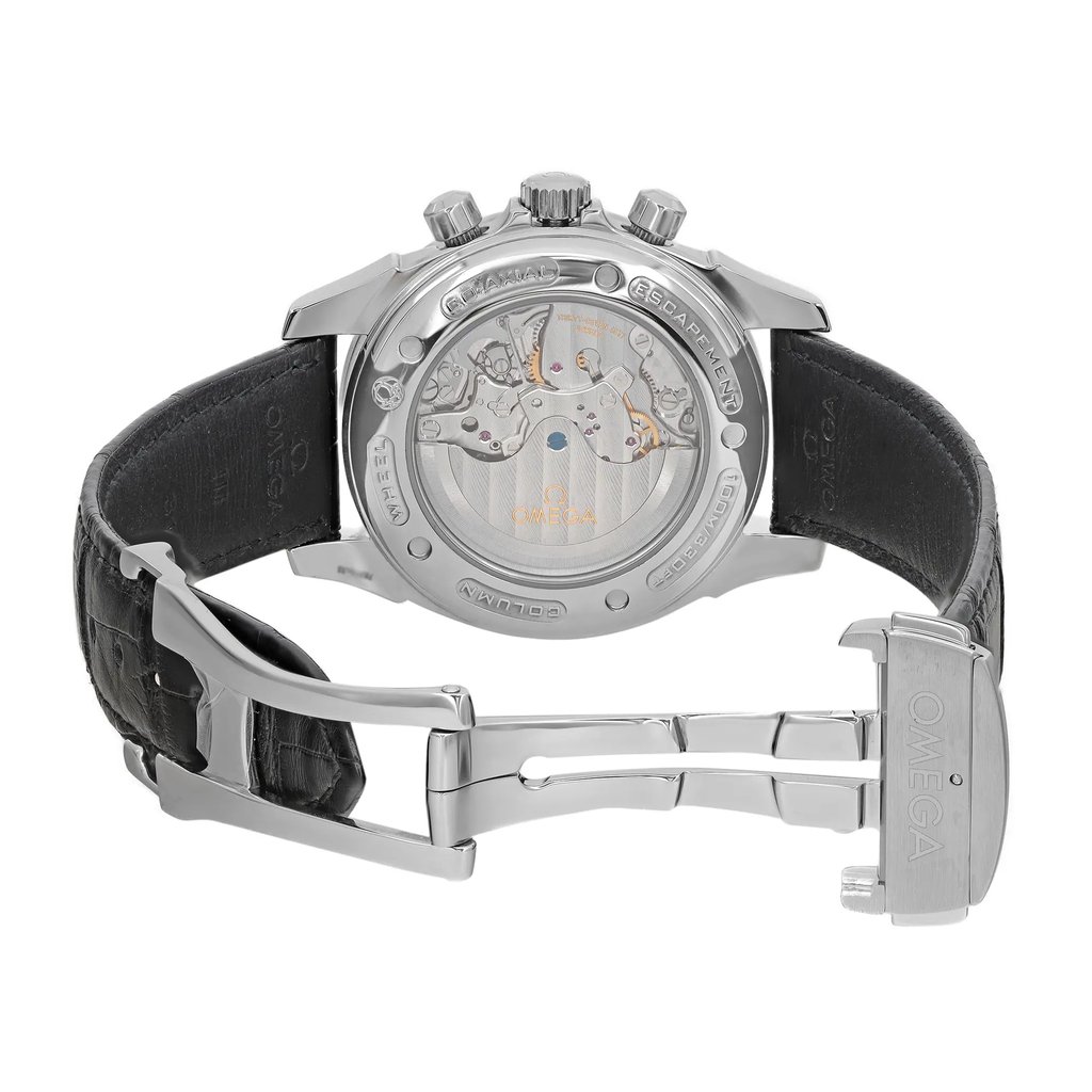 Back View Of Exhibition Back Case And Open Leather Band Of OMEGA 4850.50.31 Watch Pre Owned Condition