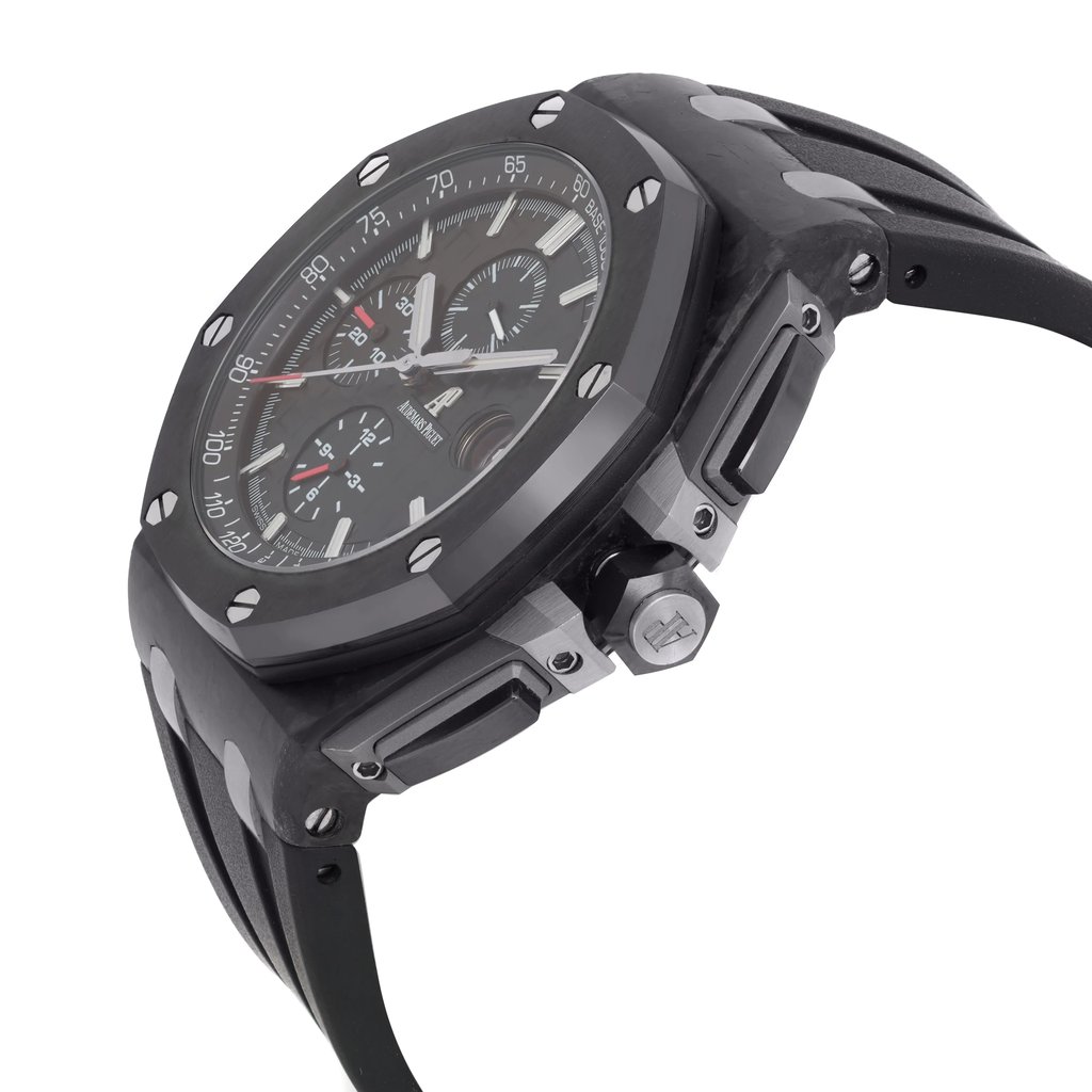 View Of Crown Facing Side Of Audemars Piguet 26400AU.OO.A002CA.01 Carbon Fiber Watch Pre Owned Condition