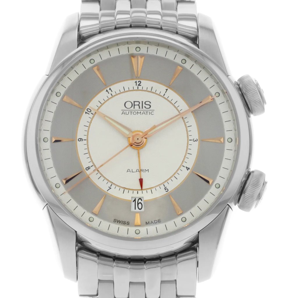 Up Close Front Facing Picture Of Oris 01 908 7607 4051-Set-MB Stainless Steel Watch Unworn Condition