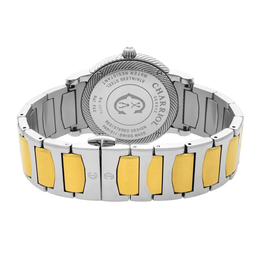 An image of a pre-owned wristwatch taken from the back view, highlighting the clasp in a partially open position. The watch features a two-tone metallic band with alternating silver and gold links. The watch's back casing is prominently displayed, showing engraved details. The angle is slightly elevated, providing a clear view of the clasp mechanism and intricate link design, captured at a close distance.