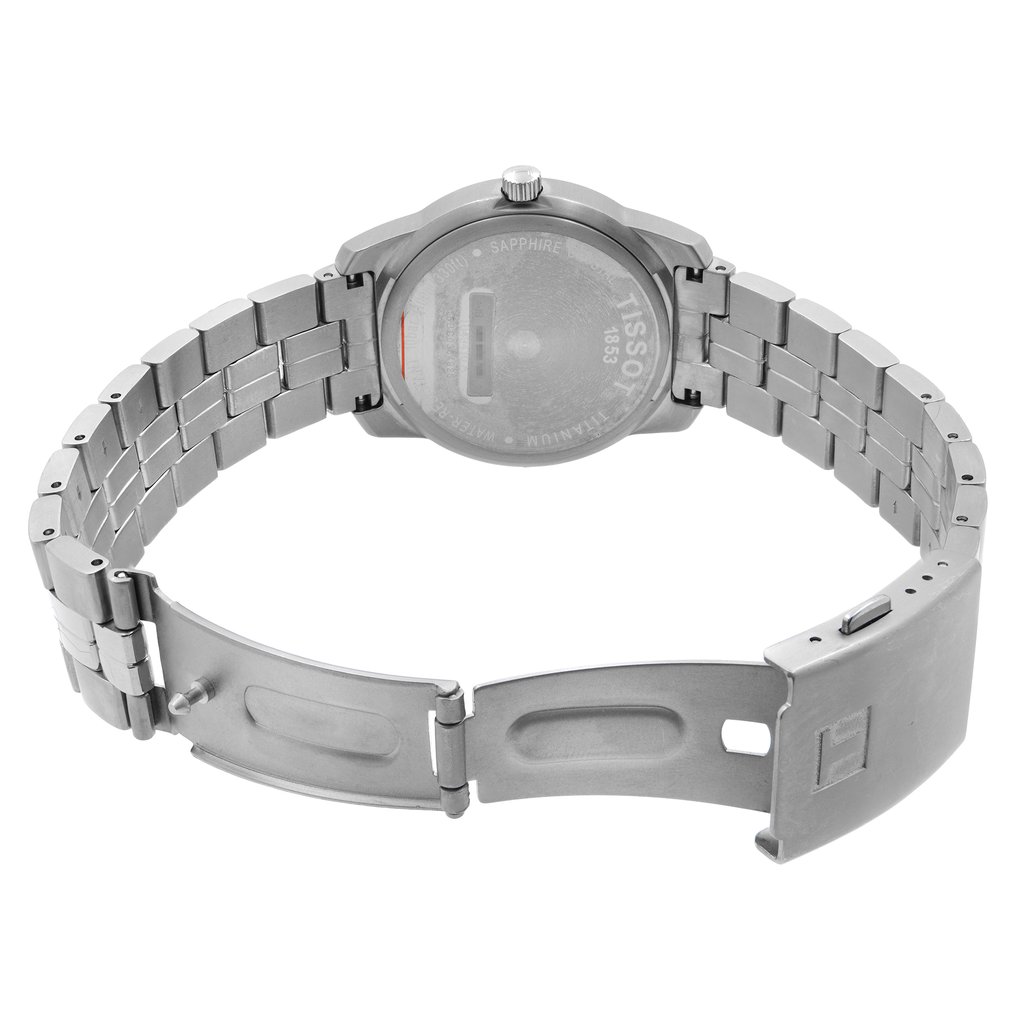 Back View Of Snap Back Case And Open Titanium Band Of Tissot T049.410.44.051.00 Watch Display Model Condition