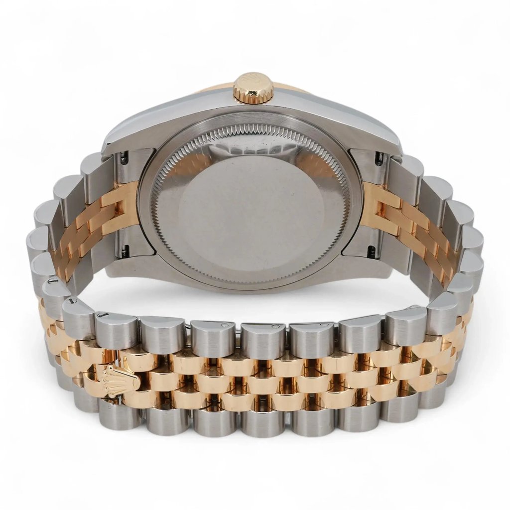 An image of a pre-owned unisex Rolex wristwatch, viewed from the back at a slightly elevated angle. The focus is on the stainless steel and gold bracelet, with the closed clasp prominently displayed in the foreground. The watch case and crown are visible at the top center of the image, highlighting the watch's two-tone design.