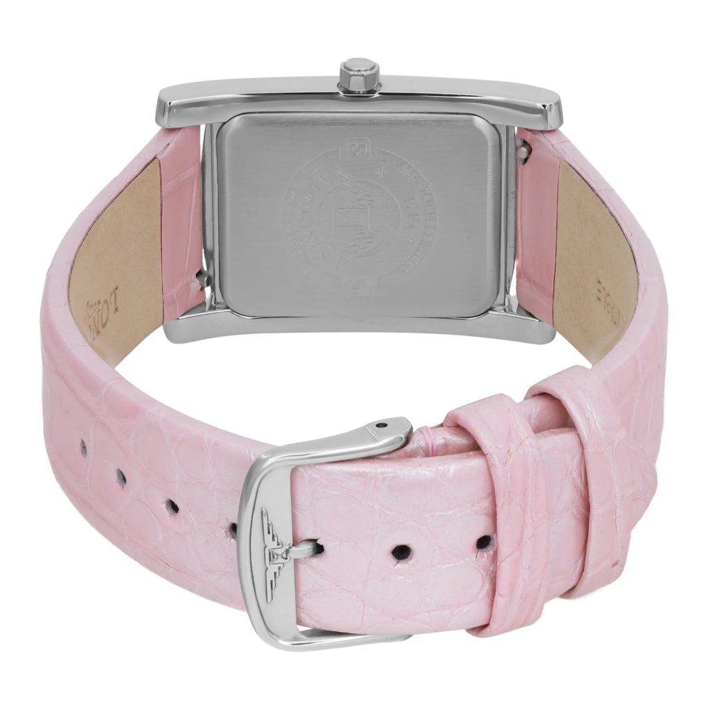 An image of a wristwatch viewed from the back, showcasing a close-up of the clasp. The watch features a rectangular stainless steel case and an unworn pink leather strap with a textured pattern. The strap is positioned horizontally, with the buckle and adjustment holes clearly visible in the foreground. The watch is placed at a slight angle, highlighting the clasp and strap details.
