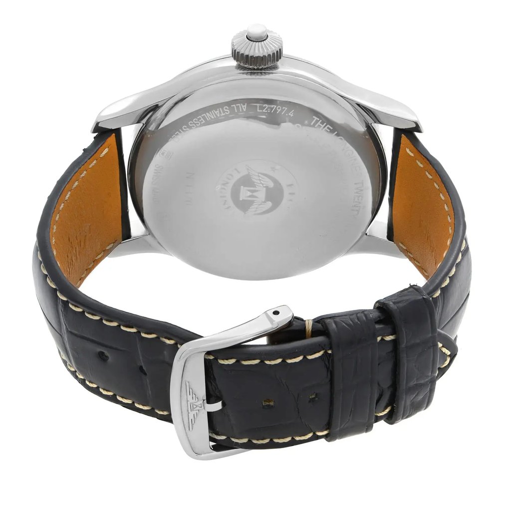 An image of a wristwatch viewed from the back, showcasing the closed clasp. The watch is positioned upright, highlighting the stainless steel case back. The leather strap, with visible stitching, is prominently displayed. The angle provides a close view, emphasizing the watch's details and craftsmanship. The condition appears to be that of a display model.