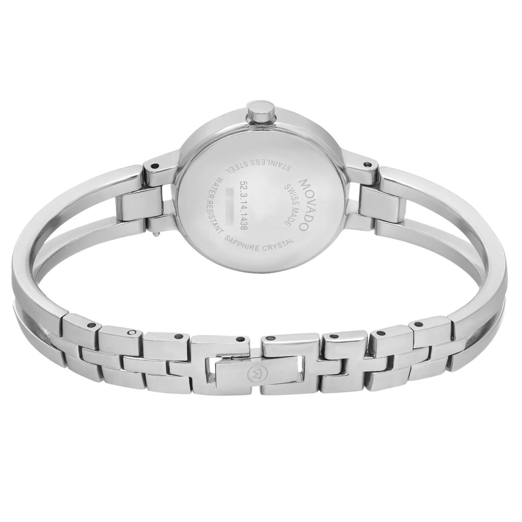 An image of a pre-owned wristwatch showcasing the back view. The focus is on the closed clasp and the back of the watch case, displaying engraved details. The watch features a stainless steel bracelet with a polished finish. The image is taken at a slight angle from the top, providing a clear view of the clasp and bracelet links, with a close-up perspective.