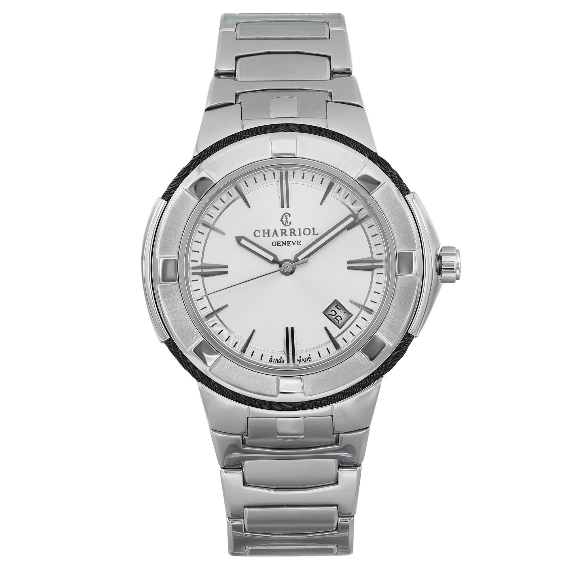 An image of a Wristwatch by Charriol. This Display Model item is designed for Men, featuring a Casual style. It has a Quartz movement and an Analog display with a Silver dial color. The indices include Arrow Markers,Stick Indexes. The band is made of Stainless Steel and the case is made of Stainless Steel. The watch has a Round shape with a case size of 43mm and a case thickness of 10mm.