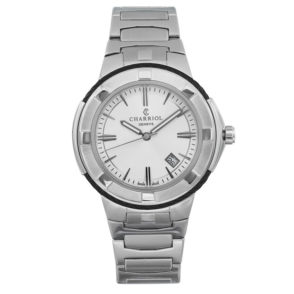 An image of a Wristwatch by Charriol. This Display Model item is designed for Men, featuring a Casual style. It has a Quartz movement and an Analog display with a Silver dial color. The indices include Arrow Markers,Stick Indexes. The band is made of Stainless Steel and the case is made of Stainless Steel. The watch has a Round shape with a case size of 43mm and a case thickness of 10mm.