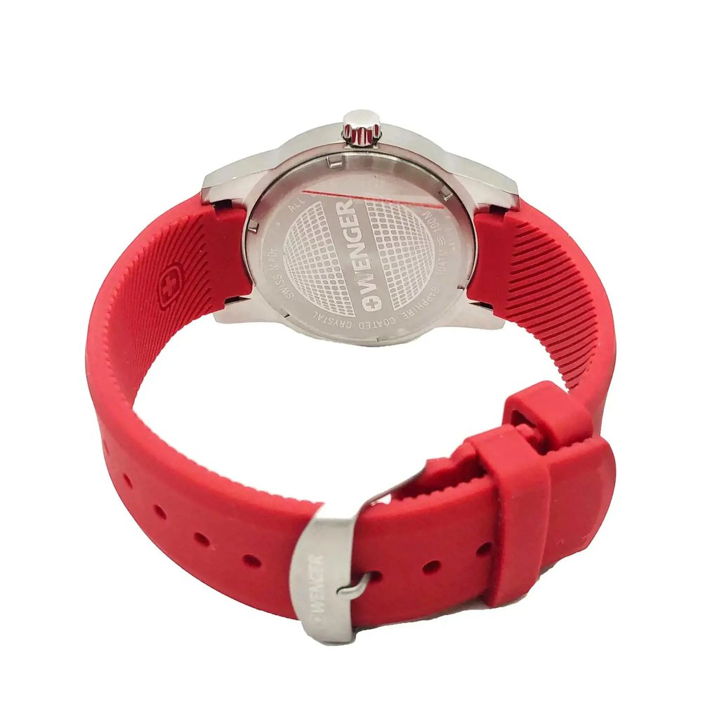 Back View Of Screwback Back Case And Closed Rubber,Silicone Band Of Wenger 0441.142 Watch Display Model Condition