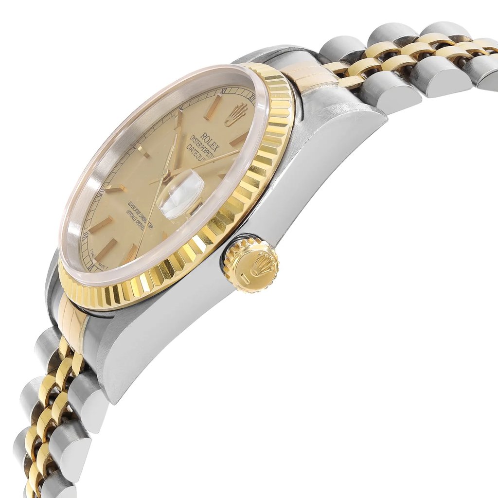 An image of a pre-owned men's luxury Rolex wristwatch shown from a side profile view. The focus is on the crown, which is visible and prominently displayed. The watch features a round, champagne sunburst dial with a date indicator. The bezel is gold, while the band is crafted from a combination of stainless steel and solid gold. The case is made of stainless steel, adding to the watch's elegant design.