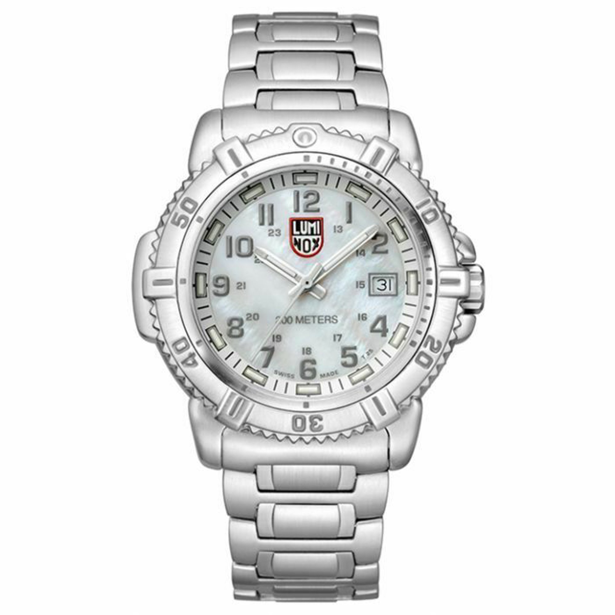 An image of a Wristwatch by Luminox. This Pre Owned item is designed for Unisex Adult, featuring a Dress/Formal style. It has a Quartz movement and an Analog display with a White dial color. The indices include 12-Hour Dial,Arabic Numerals,Easy to Read/Large Numerals. The band is made of Stainless Steel and the case is made of Stainless Steel. The watch has a Round shape with a case size of 38 mm and a case thickness of 11 mm.