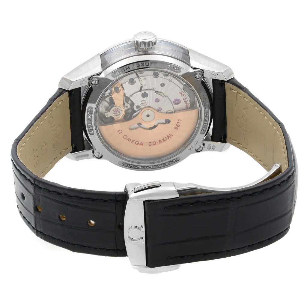 Back View Of Exhibition Back Case And Closed Leather Band Of OMEGA 431.63.41.22.01.001 Watch Unworn Condition