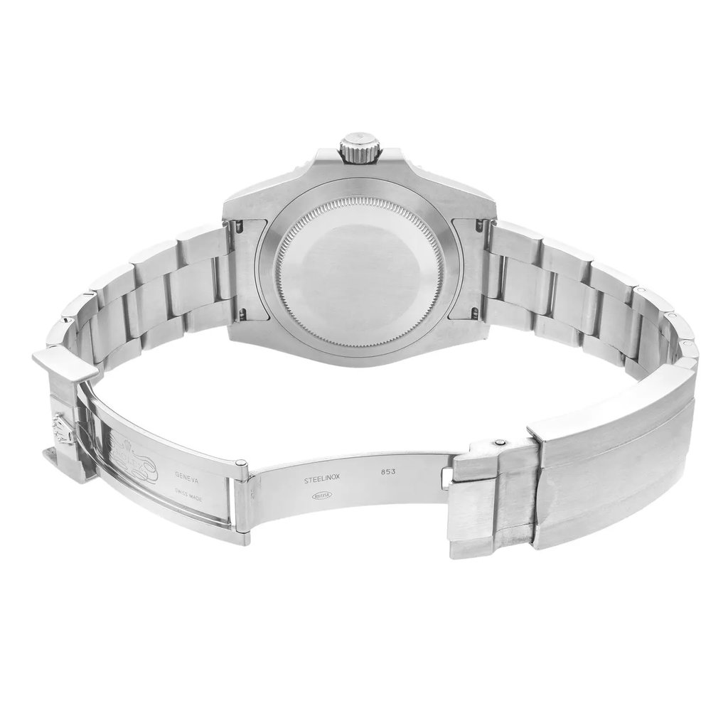 Back View Of Solid Back Case And Open Stainless Steel Band Of Rolex 116610LV Watch Pre Owned Condition