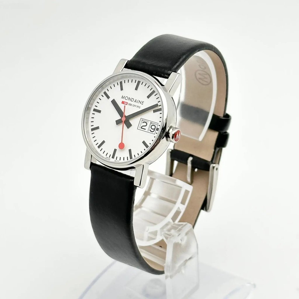 View Of Crown Facing Side Of Mondaine A669.30305.11SBB Stainless Steel Watch Display Model Condition