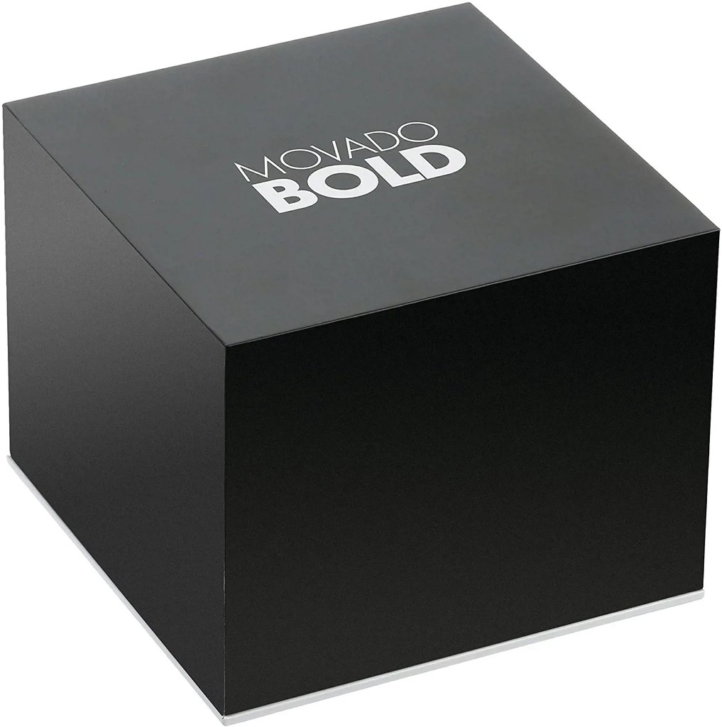 An image of a black box for a wristwatch, positioned at a three-quarter angle from the front. The box is labeled "MOVADO BOLD" on the top. The photo is taken at a close distance, showcasing the box's simple, sleek design against a plain background.