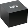 An image of a black box for a wristwatch, positioned at a three-quarter angle from the front. The box is labeled "MOVADO BOLD" on the top. The photo is taken at a close distance, showcasing the box's simple, sleek design against a plain background.