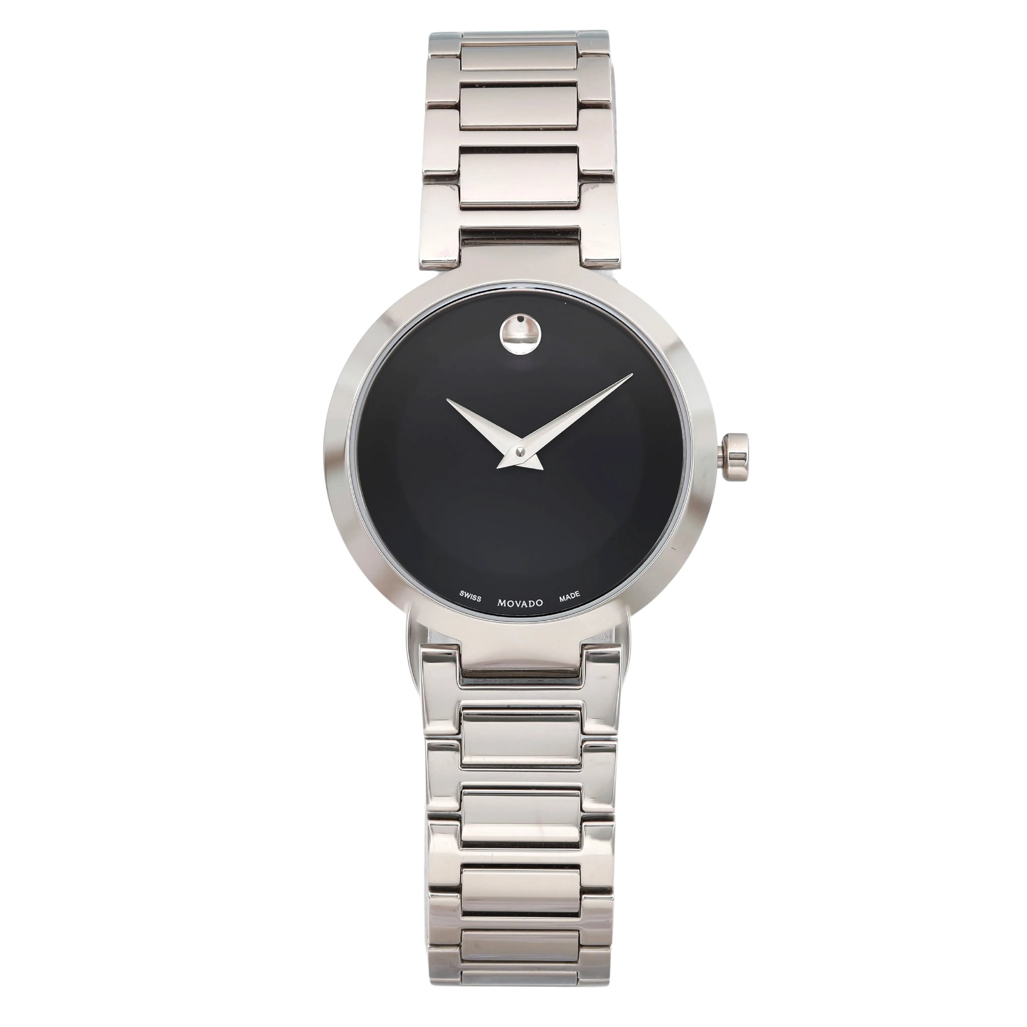 An image of a wristwatch taken from a front full frontal view, showcasing the display model. The watch features a metallic band and a black dial. The position, angle, and distance provide a clear and detailed look at the watch face and bracelet.