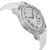 An image of a pre-owned Audemars Piguet women's wristwatch, viewed from a three-quarter angle. The watch is positioned to the left, showcasing its white leather strap and silver-toned case adorned with a diamond bezel. The face of the watch features bold black numerals on a reflective silver dial. The angle highlights the watch's elegant design and intricate detailing.