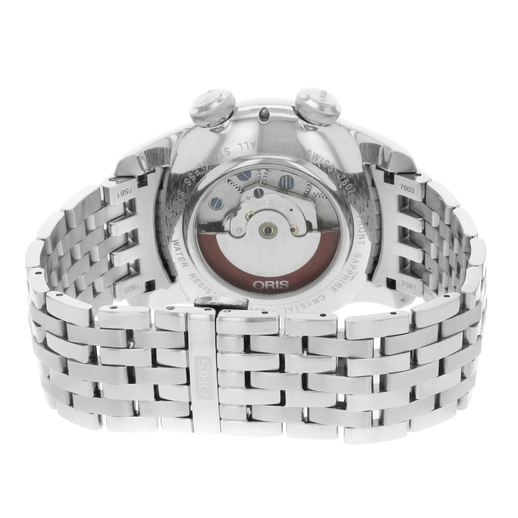 Back View Of Screwback Back Case And Closed Stainless Steel Band Of Oris 01 908 7607 4051-Set-MB Watch Unworn Condition