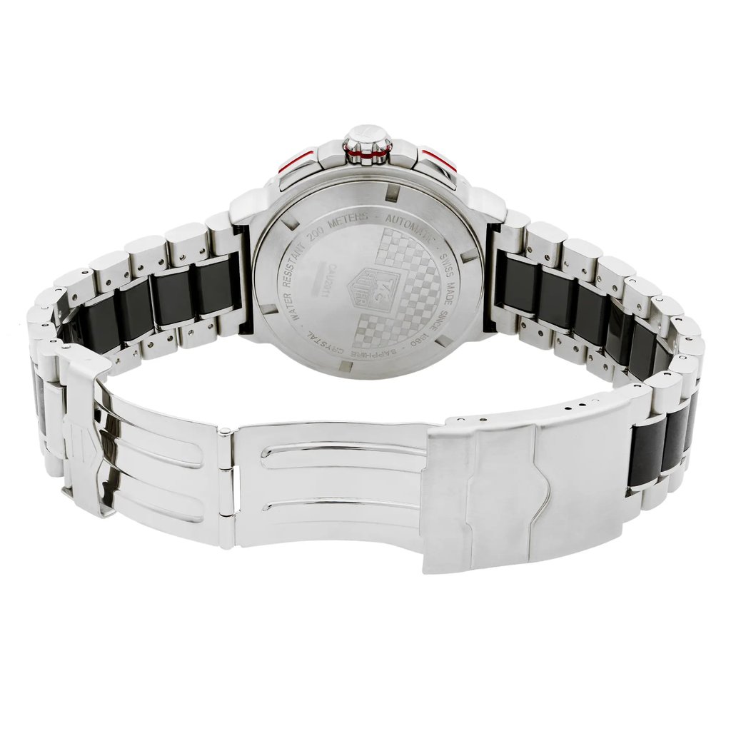 Back View Of Solid Back Case And Open Stainless Steel Band Of TAG Heuer CAU2011.BA0873 Watch Pre Owned Condition