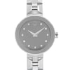 An image of a wristwatch taken from a front close-up angle, showcasing the watch face prominently. The watch features a sleek, minimalist design with a silver-tone face and diamond-like markers. The hands are also silver, and the crown is visible on the right side. The watch's band, also silver, is partially visible at the top and bottom of the image. The condition appears to be a display model, indicating minimal wear.